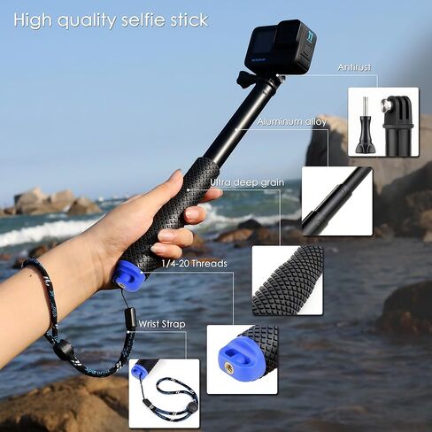 عصا سيلفي طويلة قابلة للتمديد 46 بوصة، مقاومة للماء، مقبض يدوي مونوبود لكاميرات GoPro Hero 13 12 11 10 9 8 7 6 5 4 Black Mini Max Session Insta360 AKASO SJCAM DJI OSMO Action Cameras in Kuwait