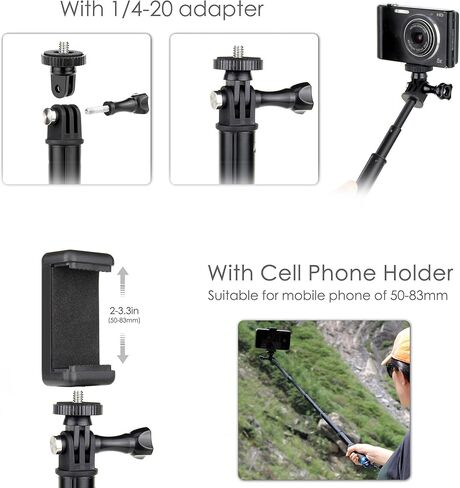 عصا سيلفي طويلة قابلة للتمديد 46 بوصة، مقاومة للماء، مقبض يدوي مونوبود لكاميرات GoPro Hero 13 12 11 10 9 8 7 6 5 4 Black Mini Max Session Insta360 AKASO SJCAM DJI OSMO Action Cameras in Kuwait