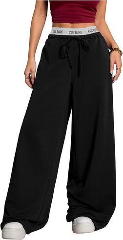 WDIRARA Women's Letter Tape Drawstring Waist Wide Leg Sweatpants Athletic Workout Baggy Pants with Pockets in Saudi Arabia