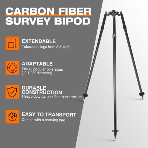 حامل ثلاثي من ألياف الكربون لأعمدة المنشور، بطول 6 أقدام/1.8 متر وارتفاع قابل للتعديل، لمحطات مسح الأراضي الإجمالية، أسود in Kuwait