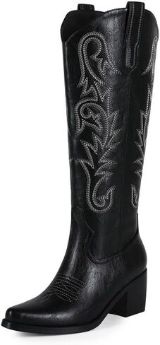 ZJA Women Western Cowboy Boots Knee High Cowgirl Tall Boots with Block Chunky Heel for Casual Rodeo Embroidered Pull On Pointed Toe Morning Glory Boots in Saudi Arabia