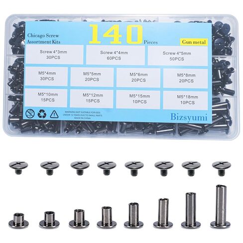 140Pcs Chicago Screws for Leather Crafting - 8 Sizes (M5x4/5/6/8/10/12/15/18) Gun Metal, Premium Durable Screw Rivets Kit for DIY Leather Projects, Belts, Wallets & Accessories, Metal Fasteners Set in Saudi Arabia