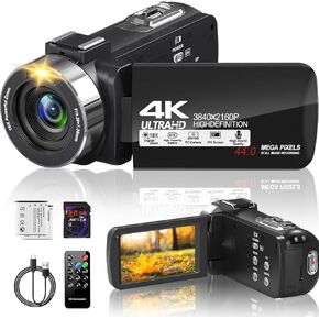 كاميرا فيديو MiyoSavor4K بدقة 80 ميجابكسل و30 إطارًا في الثانية مع رؤية ليلية بالأشعة تحت الحمراء، ومسجل كاميرا تكبير رقمي 18X، وشاشة دوران 270 درجة لليوتيوب مع جهاز تحكم عن بعد، وبطاريتين، وبطاقة SD سعة 64 جيجابايت in Kuwait