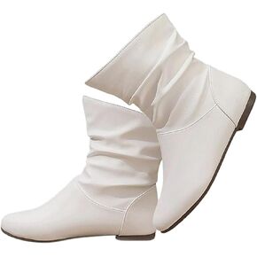 Women's Leather Slouchy Flat Ankle Boots Comfortable Round Toe Casual Pull On Booties Fall Winter Fashion Low Heel Short Boots in Kuwait