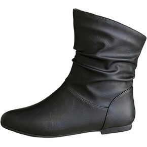 Women's Leather Slouchy Flat Ankle Boots Comfortable Round Toe Casual Pull On Booties Fall Winter Fashion Low Heel Short Boots in Saudi Arabia