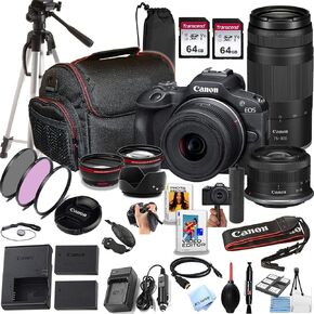 كاميرا Canon EOS R100 بدقة 24.2 ميجابكسل بمستشعر APS-C CMOS بدون مرآة مع عدسات 18-45 مم + 75-300 مم، وذاكرة 128 جيجابايت، وحامل ثلاثي القوائم، وقبضة تثبيت، ومرشحات، وعدسات، وحافظة، وبرامج، والمزيد (حزمة مميزة) (متجددة) in Kuwait