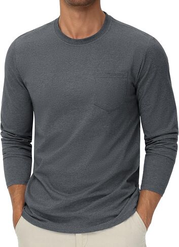 Cotrasen Men's Long Sleeve Cotton T-Shirts Casual T Shirts for Man Soft Breathable Basic Tee Shirts with Pocket in Kuwait