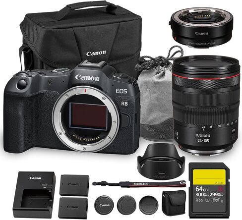 Canon EOS R8 Mirrorless Camera| 24.2MP Full Frame Sensor 4K 60p Video| Compact Lightweight Hybrid Camera for Travel and Content(5803C002) + Canon RF 24-105mm Lens + Adapter EF-EOS R + 64GB Card + More in Saudi Arabia