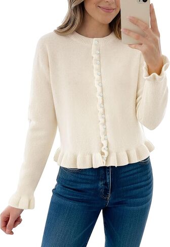 Women Ruffle Cardigan Sweaters Button Up Cropped Long Sleeve Solid Knit Cardigan Casual Crewneck Sweater Outwear in Saudi Arabia