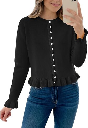 Women Ruffle Cardigan Sweaters Button Up Cropped Long Sleeve Solid Knit Cardigan Casual Crewneck Sweater Outwear in Saudi Arabia