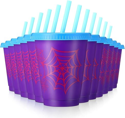 12 Pcs 16 oz Spider Cups Bulk with 3 Styles, Spider Birthday Party Favors Cups with Lids and Straws, Plastic Cup for Birthday Party Decorations, Birthday Party Favor Supplies for Son Daughter Friends in Kuwait