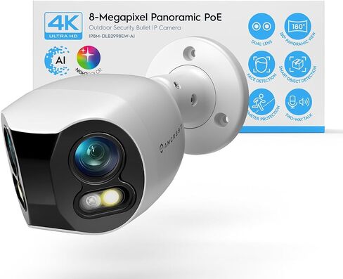 كاميرا Amcrest ثنائية العدسات 4K (8 ميجابكسل) للأمن الخارجي POE، عدسات 2 × 4 ميجابكسل PoE AI Bullet IP، لون ليلي 65 قدمًا، كشف الوجه، رؤية بانورامية 180 درجة، 4K@15 إطارًا في الثانية REP-IP8M-DLB2998EW-AI (أبيض) (متجدد) in Kuwait