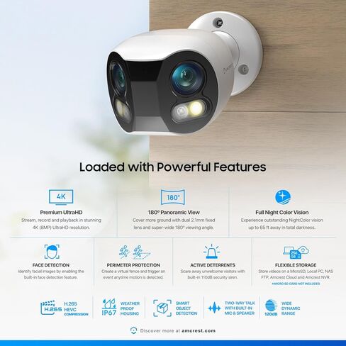كاميرا Amcrest ثنائية العدسات 4K (8 ميجابكسل) للأمن الخارجي POE، عدسات 2 × 4 ميجابكسل PoE AI Bullet IP، لون ليلي 65 قدمًا، كشف الوجه، رؤية بانورامية 180 درجة، 4K@15 إطارًا في الثانية REP-IP8M-DLB2998EW-AI (أبيض) (متجدد) in Kuwait