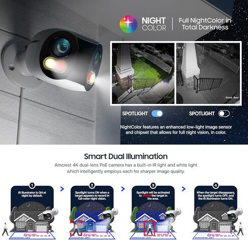 كاميرا Amcrest ثنائية العدسات 4K (8 ميجابكسل) للأمن الخارجي POE، عدسات 2 × 4 ميجابكسل PoE AI Bullet IP، لون ليلي 65 قدمًا، كشف الوجه، رؤية بانورامية 180 درجة، 4K@15 إطارًا في الثانية REP-IP8M-DLB2998EW-AI (أبيض) (متجدد) in Kuwait