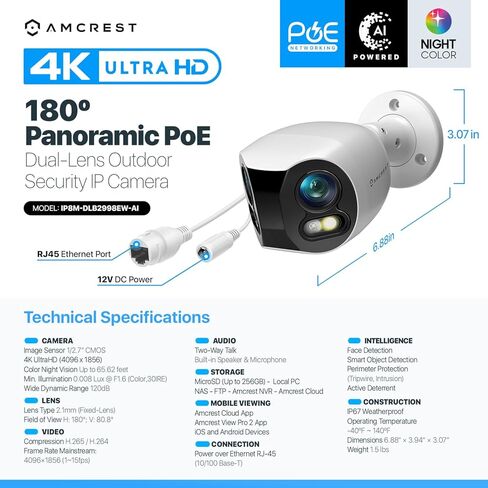 كاميرا Amcrest ثنائية العدسات 4K (8 ميجابكسل) للأمن الخارجي POE، عدسات 2 × 4 ميجابكسل PoE AI Bullet IP، لون ليلي 65 قدمًا، كشف الوجه، رؤية بانورامية 180 درجة، 4K@15 إطارًا في الثانية REP-IP8M-DLB2998EW-AI (أبيض) (متجدد) in Kuwait
