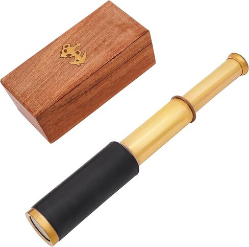 Mythrojan Brass Handheld Telescope 9" Mini Leather Brass Spyglass with Wooden Box - Pirate Telescope, Spyglass Collapsible Monocular Decorative Telescope Perfect for Gift in Saudi Arabia