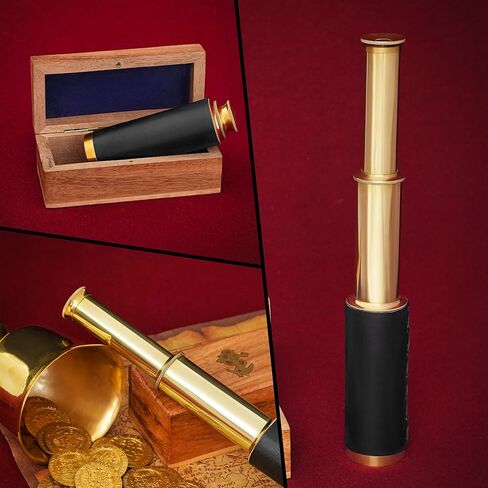 Mythrojan Brass Handheld Telescope 9" Mini Leather Brass Spyglass with Wooden Box - Pirate Telescope, Spyglass Collapsible Monocular Decorative Telescope Perfect for Gift in Saudi Arabia