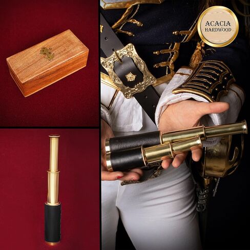 Mythrojan Brass Handheld Telescope 9" Mini Leather Brass Spyglass with Wooden Box - Pirate Telescope, Spyglass Collapsible Monocular Decorative Telescope Perfect for Gift in Saudi Arabia