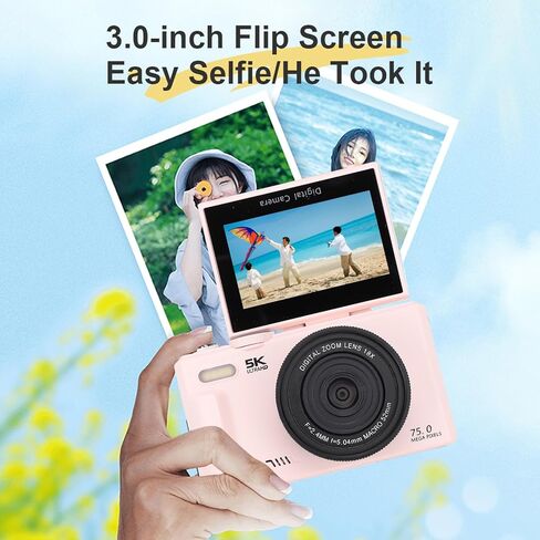 Eujgoov 5K Digital Camera, 75MP Photography Camera with 18X Digital Zoom 3 Inch 180 Degree Flip Screen for Vlogging Live Streaming and Webcasting in Saudi Arabia