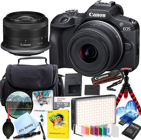 Canon EOS R100 24.2MP APS-C CMOS Sensor Mirrorless Camera with 18-45mm Lens + 64GB Memory, LED Video Light, Filter, Tripod and More (Renewed) in Saudi Arabia