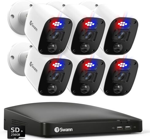 Swann Home Security Camera System,6 Cams H.265 Wired with Person Vehicle Detection, 2k 8CH Surveillance DVR Kit-Deterrent Red & Blue Lights, Color Night Vision,24/7 Recording,8468562KMQB in Saudi Arabia