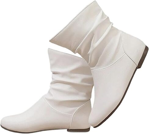 Women's Leather Slouchy Flat Ankle Boots Comfortable Round Toe Casual Pull On Booties Fall Winter Fashion Low Heel Short Boots in Kuwait