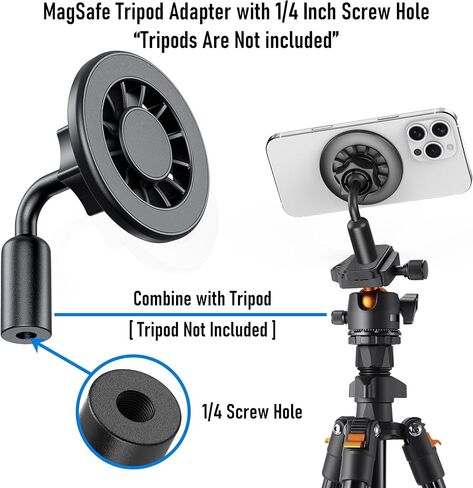 Magnetic Tripod Mount for MagSafe, Metal Arm Adapter with 1/4"-20 Hole for iPhone 17 16 15 14 13 12, Reinforced Base for Portrait Mode & Vlogging, Fits All Phones in Kuwait