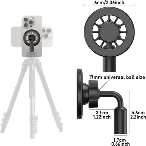 Magnetic Tripod Mount for MagSafe, Metal Arm Adapter with 1/4"-20 Hole for iPhone 17 16 15 14 13 12, Reinforced Base for Portrait Mode & Vlogging, Fits All Phones in Kuwait
