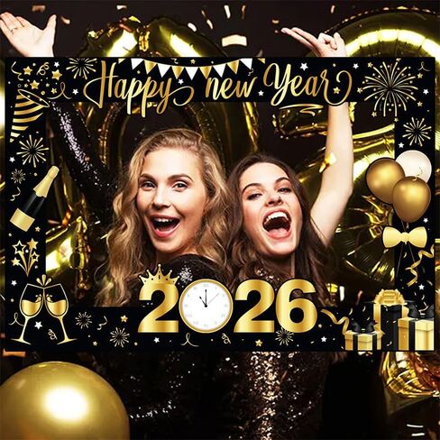 mdgfge 2026 Happy New Year Photo Booth Frame 2026 Black Gold Eve Photo Booth Selfie Picture Props Decoration for New Year Eve Christmas Celebrations Party Supplies in Saudi Arabia