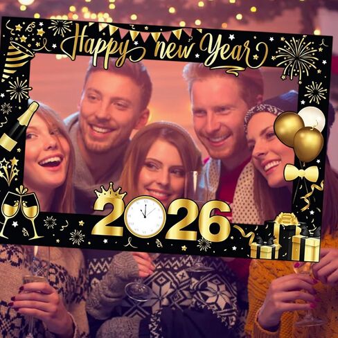 mdgfge 2026 Happy New Year Photo Booth Frame 2026 Black Gold Eve Photo Booth Selfie Picture Props Decoration for New Year Eve Christmas Celebrations Party Supplies in Saudi Arabia