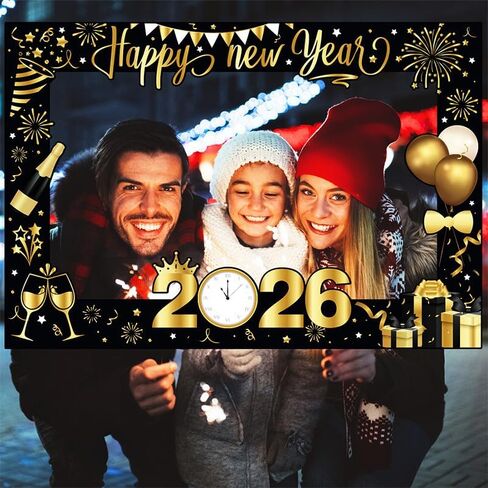 mdgfge 2026 Happy New Year Photo Booth Frame 2026 Black Gold Eve Photo Booth Selfie Picture Props Decoration for New Year Eve Christmas Celebrations Party Supplies in Saudi Arabia