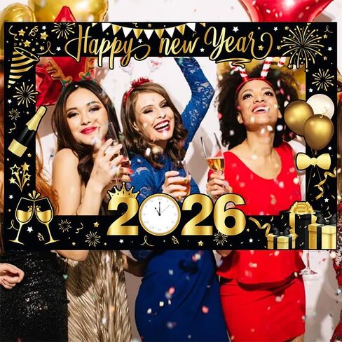 mdgfge 2026 Happy New Year Photo Booth Frame 2026 Black Gold Eve Photo Booth Selfie Picture Props Decoration for New Year Eve Christmas Celebrations Party Supplies in Saudi Arabia