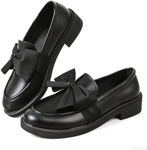 حذاء بدون كعب من الجلد اللامع للنساء مريح بمقدمة مستديرة سهل الارتداء ومضاد للانزلاق وكعب مكتنز منخفض حذاء بدون كعب للعمل اليومي غير الرسمي in Saudi Arabia