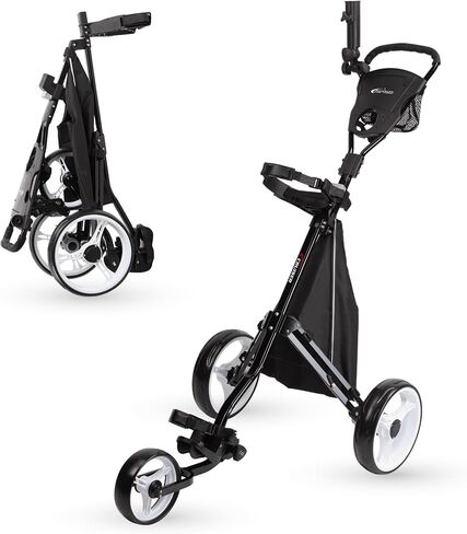 عربة دفع الدقة 3-WHEEL WHEEL مع قضبان الاستقرار ، مقبض مريح وفرامل الخطوة | عربة حقيبة الجولف مع حقيبة تخزين قابلة للفصل ، حامل بطاقة الأداء ، إطار قابل للطي خفيف الوزن in Kuwait