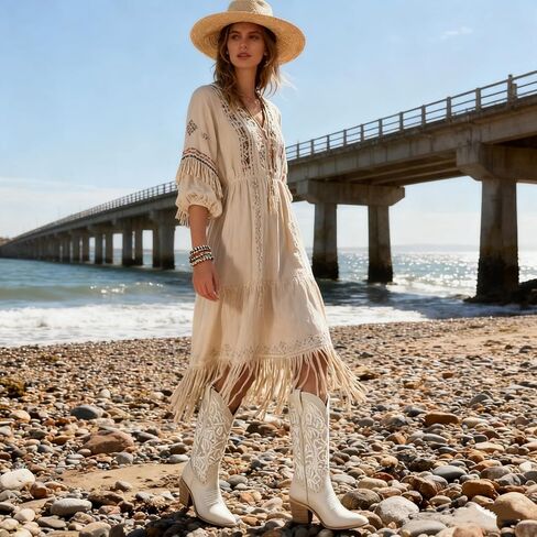 Women's Embroidered Knee-High Western Cowboy Boots, Soft Faux Leather Pull-On Fashion Cowgirl Boots with Pointed Toe and Chunky Heel for Concert, Festival, Party and Daily Outfit in Saudi Arabia