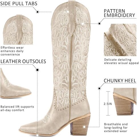 Women's Embroidered Knee-High Western Cowboy Boots, Soft Faux Leather Pull-On Fashion Cowgirl Boots with Pointed Toe and Chunky Heel for Concert, Festival, Party and Daily Outfit in Saudi Arabia