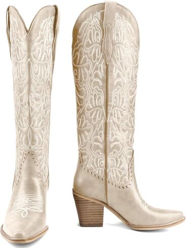 Women's Embroidered Knee-High Western Cowboy Boots, Soft Faux Leather Pull-On Fashion Cowgirl Boots with Pointed Toe and Chunky Heel for Concert, Festival, Party and Daily Outfit in Saudi Arabia