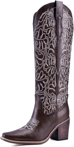 Women's Embroidered Knee-High Western Cowboy Boots, Soft Faux Leather Pull-On Fashion Cowgirl Boots with Pointed Toe and Chunky Heel for Concert, Festival, Party and Daily Outfit in Saudi Arabia