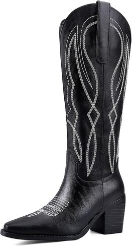 Women's Embroidered Knee-High Western Cowboy Boots, Soft Faux Leather Pull-On Fashion Cowgirl Boots with Pointed Toe and Chunky Heel for Concert, Festival, Party and Daily Outfit in Saudi Arabia