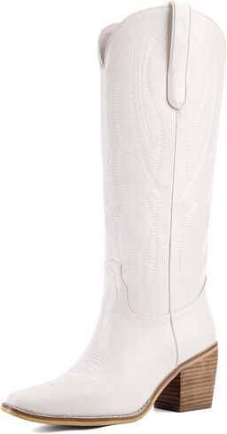 Women's Embroidered Knee-High Western Cowboy Boots, Soft Faux Leather Pull-On Fashion Cowgirl Boots with Pointed Toe and Chunky Heel for Concert, Festival, Party and Daily Outfit in Saudi Arabia