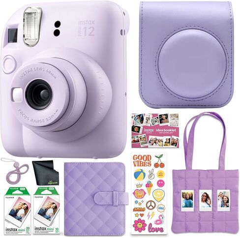 حزمة كاميرا FUJIFILM Instax Mini 12 للأفلام الفورية لعام 2025 (بنفسجي) + حقيبة حمل متوافقة + حزمة قيمة لفيلم Fuji Film (20 ورقة) + قطعة قماش للتنظيف من الألياف الدقيقة in Kuwait