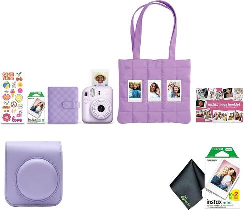 حزمة كاميرا FUJIFILM Instax Mini 12 للأفلام الفورية لعام 2025 (بنفسجي) + حقيبة حمل متوافقة + حزمة قيمة لفيلم Fuji Film (20 ورقة) + قطعة قماش للتنظيف من الألياف الدقيقة in Kuwait