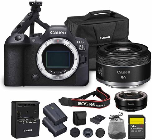 كاميرا كانون EOS R6 Mark II بدون مرآة | مستشعر كامل الإطار 24.2 ميجابكسل فيديو 4K بدقة 60 بكسل | تثبيت التركيز البؤري التلقائي ثنائي البكسل للمحترفين (5666C002) + عدسة Canon RF مقاس 50 مم f/1.8 + محول EF-EOS R + بطاقة سعة 64 جيجابايت + المزيد in Saudi Arabia