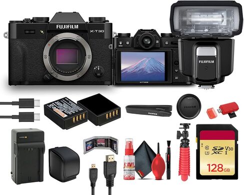 FUJIFILM X-T30 III Mirrorless Camera Body (Black) Bundle with Fuji EF-60 Shoe Mount Flash + 128GB Memory Card + Flexible Tripod + Cleaning Kit + Camera Bag in Saudi Arabia