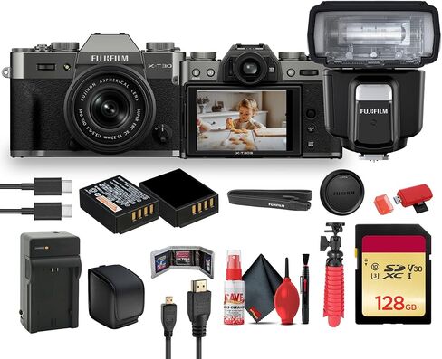 FUJIFILM X-T30 III Mirrorless Camera Body (Black) Bundle with Fuji EF-60 Shoe Mount Flash + 128GB Memory Card + Flexible Tripod + Cleaning Kit + Camera Bag in Saudi Arabia