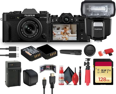 FUJIFILM X-T30 III Mirrorless Camera Body (Black) Bundle with Fuji EF-60 Shoe Mount Flash + 128GB Memory Card + Flexible Tripod + Cleaning Kit + Camera Bag in Saudi Arabia