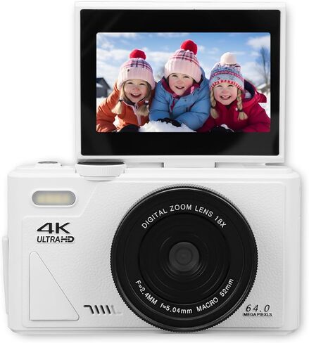 كاميرا رقمية 4K للتصوير الفوتوغرافي، كاميرا فيديو ريترو بتركيز تلقائي 18X مع شاشة قلاب 3 بوصة، كاميرا مدمجة للسفر بدقة 64 ميجابكسل لمدونات الفيديو السيلفي (أسود) in Saudi Arabia