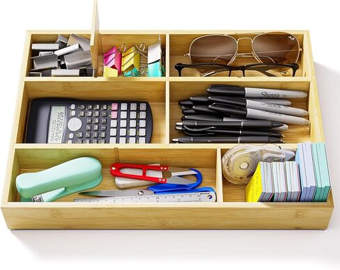 Desk Drawer Organizer Tray Set of 6 – Bamboo Office Storage Boxes with 12 Compartments for Office Supplies, Cosmetics, Jewelry and More in Kuwait