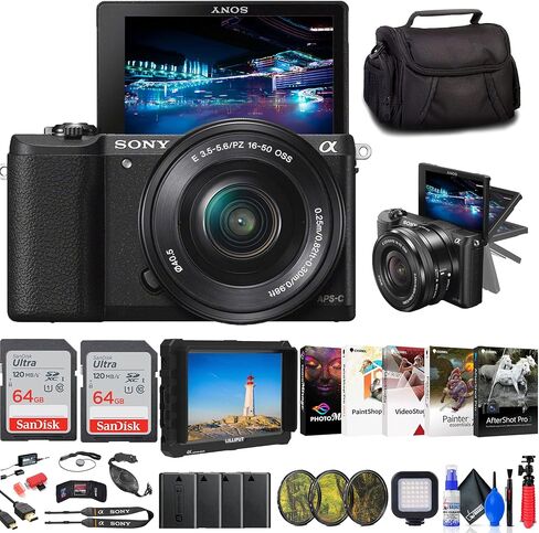 كاميرا سوني ألفا a5100 الرقمية بدون مرآة مع عدسة 16-50 مم (أسود) + شاشة 4K + طقم فلتر + بطاقة 2 × 64 جيجابايت + 3 بطاريات NPF-W50 + ضوء LED + برنامج Corel للصور + المزيد (متجدد) in Kuwait