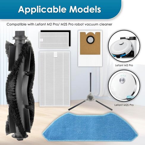 (10 Pack) M2 Pro Replacement Parts for Lefant M2 Pro/ M2S Pro Robot Vacuum, 1 Roller Brush, 2 Side Brushes, 2 HEPA Filters with Foam Filters, 2 Mop Pads, 2 Dust Bags, 1 HEPA Filter for Base Station in Saudi Arabia